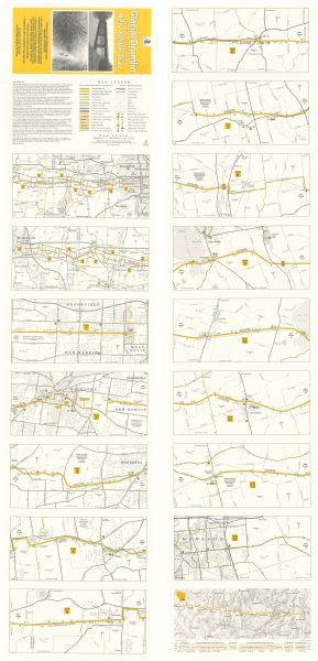 This brochure presents a series of 16 maps of the Glacial Drumlin Trail and the New Berlin Trail. The Glacial Drumlin Trail consists of 53 miles of bike trails and 15 miles of road connections between Waukesha and east Madison. The New Berlin Trail extends the trail from Waukesha to West Allis. Road type, mile markers, groceries, drinking water and many other important points-of-interest are depicted.