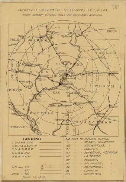 This map produced just after Word War I shows the proposed location for a veterans' hospital in the Eau Claire-Chippewa Falls region. Highways, rail lines and mileage estimates to cities in Wisconsin, Minnesota, and Illinois are shown.