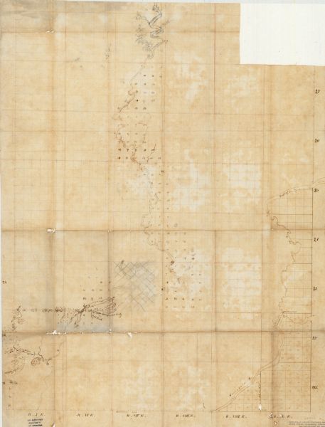 This manuscript map shows the portage of the Wisconsin and Fox rivers at Fort Winnebago, the course of the Fox River in Columbia and Marquette counties, and the Wisconsin River in Wood, Portage, and Marathon counties.