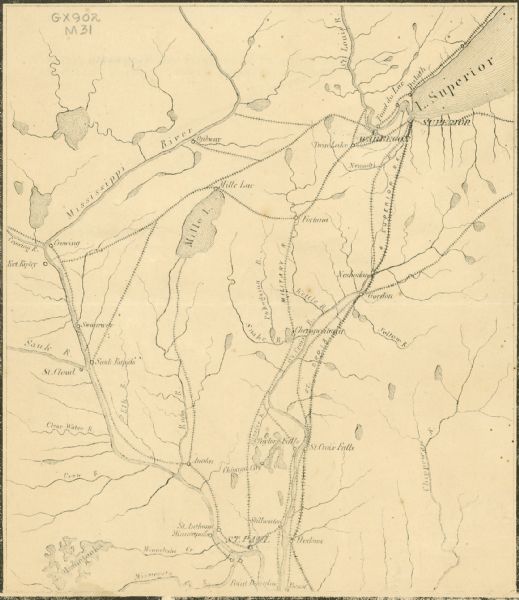 Map of portions of Wisconsin and Minnesota between Lake Superior and Mississippi River, showing railroads and military road.