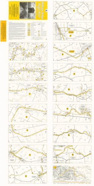 This brochure consists of a series of 16 maps of the Military Ridge State Park Trail and the Sugar River State Trail. In all, 62 miles of bike trails and 16 miles of road connecting connecting Dodgeville and Brodhead are depicted. The maps show road type, mile markers, groceries, drinking water and many other important points-of-interest.