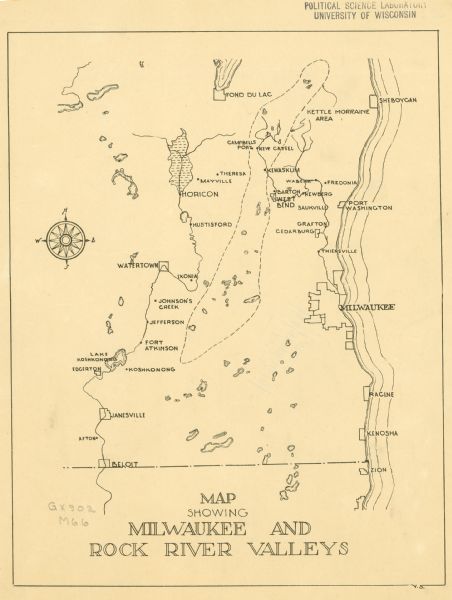This map of southeastern Wisconsin depicts the Rock and Milwaukee rivers and the Kettle Moraine area. Cities and villages are identified. Stamp stating "Political Science Laboratory, University of Wisconsin" in top right margin. Initials "V.S." appear in neat line on the bottom right hand margin.