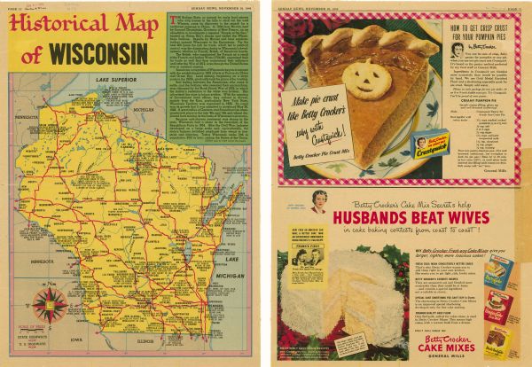 This color map includes historical descriptions of select areas and a short article on the history of Wisconsin. The major highways in the state shown on the map and advertisements are printed on the back.