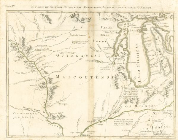 This Italian map from 1778 depicts the upper portion of the Old Northwest. Rivers and lakes are identified and relief, real and imagined, is depicted pictorially. The Indian tribes of the region are identified. The Mississippi River is shown from the Falls of St. Anthony to the area of present-day Saint Louis.
