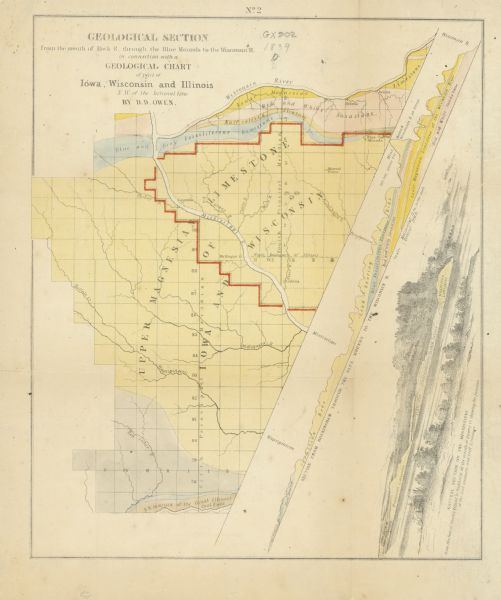 A hand-colored map and chart showing a geological cross-section from Rockingham, in present-day Scott County, Iowa, through Blue Mounds to the Wisconsin River. The map details the geology of portions of eastern Iowa and Wisconsin south of the Wisconsin River and an illustration of the Mississippi River provides a geological cross-section showing the junction of coal measures and cliff limestone. The geological chart also includes a drawing of a natural sectioning on the Mississippi River starting at Smith’s Island to Parkhurst in Iowa.