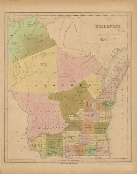 A hand-colored map of Wisconsin shows the counties in the state south and east of the Wisconsin and Fox rivers and the locations of Indian lands to the north and west. Rivers, Roads, forts, cities and villages existing and planned, and lakes and streams are also shown. The map shows a relief of portions of Lake Superior, Lake Michigan, and Green Bay.