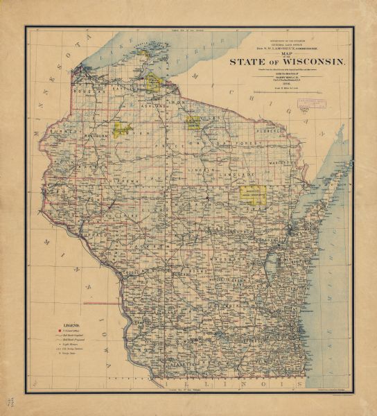 This hand-colored map shows counties, county seats, cities, towns, proposed and completed railroads, and U.S. Land Offices. Also included in the map are the lighthouses, and life saving stations along the coast of Lake Michigan as well as the Red Cliff, Lac Court D’Oreilles, La Pointe, Lac Du Flambeau, Menominee, and Stockbridge Indian Reservations.