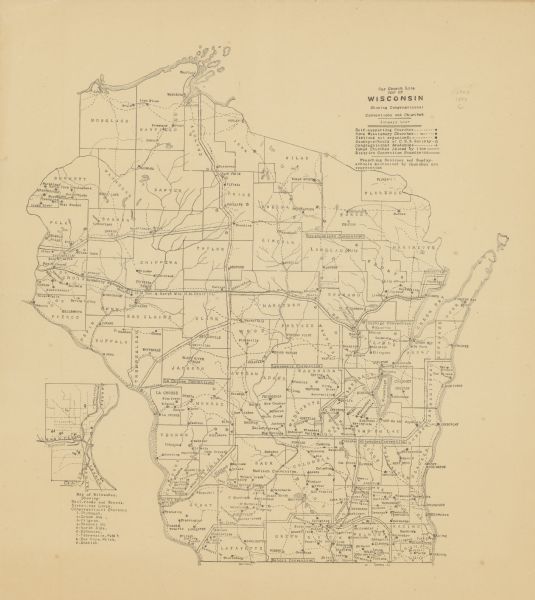 A map of Wisconsin showing the self-supporting churches, Home Missionary churches, stations not organized, Sunday schools of C.S.S. Society, Congregational academies, yoked churches, and district convention boundaries in the state as of January 1897. An inset map of Milwaukee shows railroads and depots, streetcar lines, and Congregational churches in the city.