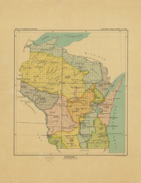This color map, originally published in the Smithsonian Institution Bureau of American Ethnology's 18th annual report, shows the Indian land cessions in Wisconsin. Indicated on the map are Indian villages and the old road from Blue Mound to Fort Winnebago at the portage of the Wisconsin and Fox Rivers.