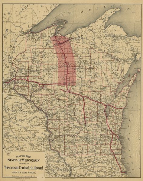 A map showing the Wisconsin Central Railroad lines in Wisconsin, northern Illinois, eastern Minnesota, and Michigan’s Upper Peninsula. The area of the map shaded in red is the railroad’s land grants, which was from Ashland in the north to Colby in the south. The thinner red lines outline the locations of the counties in Wisconsin as well as the state border.