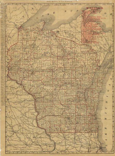 This map, which shows the state of Wisconsin in 1895, was published as Rand, McNally & Co.'s New business atlas map of Wisconsin. Railroads, counties, cities, villages, rivers, and lakes are shown in Wisconsin, the western portion of Michigan's Upper Peninsula, eastern Iowa and Minnesota, and northern Illinois. A key to the names of the railroads in the state is printed on the map and the populations of chief cities are listed in the left margin.