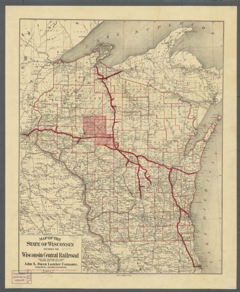 A map of Wisconsin, eastern Minnesota and Iowa, and Michigan’s Upper Peninsula, showing the rail lines of the Wisconsin Central Railroad are shown in red, as is the land owned and for sale by the John S. Owen Lumber Company, of Owen, Wisconsin, in the counties of Rusk, Taylor, Chippewa, Clark and Marathon. Rusk County is labeled "Gates" on this map.