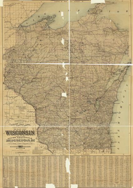 A map that shows the location of each county, city and village in Wisconsin; in addition that maps also identifies railroads their distances between cities and villages are given. At the bottom of the map is a list of Wisconsin counties with their area and population and a list of post offices in the state. Similar lists are also provided for the Upper Peninsula of Michigan.