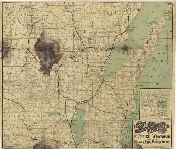 A map that shows the location of the lakes and resorts in northeastern Wisconsin that were reachable by the Chicago and North Western Railway. Shown in the map are rail lines, roads and trails, post offices, saw mills, and rivers in the region. All or parts of Brown, Calumet, Door, Fond du Lac, Forest, Green Lake, Kewaunee, Langlade, Lincoln, Manitowoc, Marathon, Marinette, Marquette, Oconto, Outagamie, Portage, Shawano, Sheboygan, Waushara, and Winnebago counties are covered.