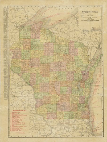 A business atlas map of Wisconsin, showing the railroads, counties, cities, villages, rivers, lakes, electric lines, and steamship lines in the state. Other areas included in the map are the western portion of Michigan's Upper Peninsula, eastern Iowa and Minnesota, and northern Illinois. A key to the names of the railroads in the state is printed on the map and an index of the principal cities in the state, with their populations, appears in the left margin.