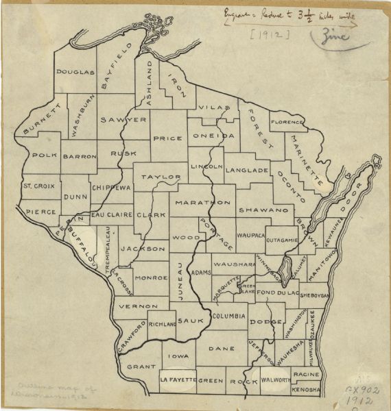 An ink and pencil on paper map of Wisconsin that shows contemporary county divisions in the state. The map depicts the locations of some of the rivers that feed into the Mississippi River from Wisconsin and the location of Lake Winnebago.