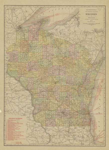 A hand-colored map of Wisconsin and portions of eastern Iowa and Minnesota, northern Illinois, and the western part of Michigan’s Upper Peninsula, showing the location of railroads, counties, cities, villages, rivers, lakes, and steamship lines in Lake Superior and Lake Michigan to Buffalo, New York, Chicago, Illinois, and Ann Arbor Michigan. A key to the names of the railroads in Wisconsin is provided in the lower left corner.