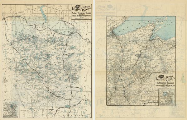 Two maps of northern Wisconsin counties of Ashland, Barron, Bayfield, Chippewa, Douglas, Forest, Iron, Langlade, Lincoln, Oneida, Polk, Price, Sawyer, Taylor, Vilas, and Washburn, and in Gogebic, Ontongagon and Iron counties in the Upper Peninsula of Michigan, showing the North Western and Chicago Railway lines to the locations of numerous lakes and resorts in the area. The maps also include the location of wagon roads and trails.