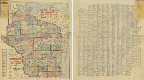 A hand-colored map of Wisconsin showing the locations of cities and towns, counties, railway lines, the steamship lines in Lake Superior and lake Michigan. The table shown on the top left of the map provides details regarding the average rain fall in Wisconsin and the acreage of principle crops, while the table on the bottom left shows the population of Wisconsin by counties. The opposite side of the map provides an index of Wisconsin towns and information from the last census, and a shipping and postal guide.