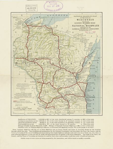 A map of Wisconsin that shows 1,900 miles of national highways proposed for the state. The map also includes the names and locations of towns and cities that would be connected through the highways. Topography of the state are also shown through the use of shading and contours. The text at the bottom of the map details the percentage of Wisconsin’s population served by existing roads and the percentage that the proposed highways would serve. The approximate scale of the map is 1:2,500,000.