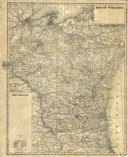 Map of Wisconsin along with the western portion of Michigan’s Upper Peninsula, showing county lines, cities and villages, lakes, streams, and railroads. Populations are indicated by the size of type of the names of cities and towns.