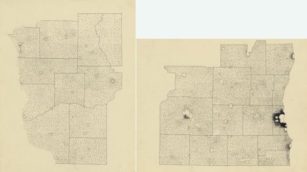 A pen, ink and pencil on paper, hand-drawn map of southern Wisconsin that shows the area’s 1920 population density through the use of dots, dividing the counties by townships. Each dot represents 25 people, with the township totals given in pencil.