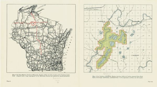 Two maps, the first one on the left shows the state highway system, and the route and location of the proposed Northern Lakes Park. The second map shows a more detailed map of the proposed Northern Lakes Park, showing the subsections and lakes of the park.