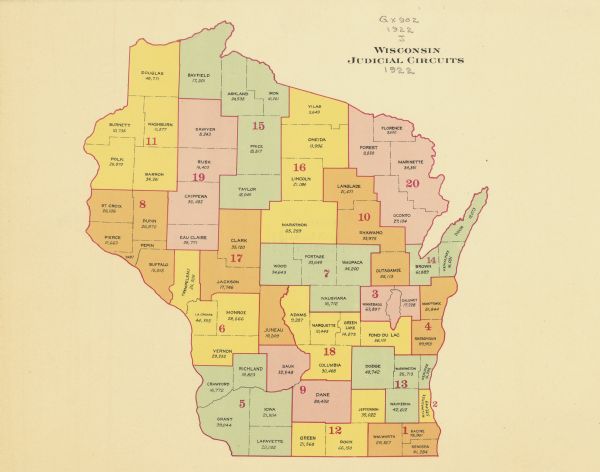 A map of Wisconsin showing the state’s judicial districts, it also provides the population total for each county.