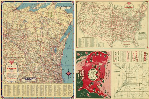 A road map of Wisconsin and Michigan’s Upper Peninsula, showing the populations of cities and villages, state and federal highways, national forests, state parks ad Monuments, and airports. On the side, it includes a street map of Milwaukee and a road map of the United States, which provides the location of National Parks and Monuments of the United States and Canada. The approximate scale of the map is 1:1,304,874.