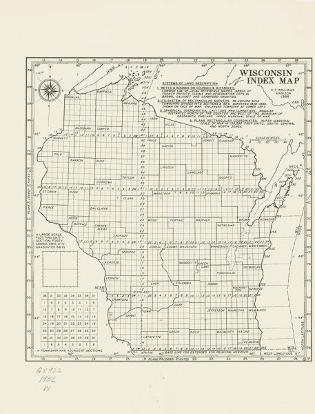 A map depicting the systems of land description in Wisconsin, which include metes and bounds, U.S. System of Rectangular Surveys, Latitude and longitude coordinates, and rectangular coordinates. The inset of the map illustrates a township and adjacent sections and a large scale-plotting unit. Also shown in the map are the Wisconsin borders with Minnesota and Michigan in the Great Lakes. The approximate scale of the map is 1:2,798,859.