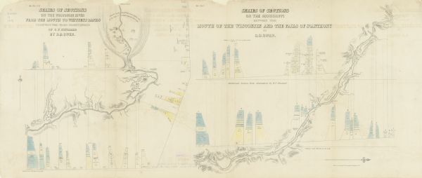 Hand-colored maps and a series of geological cross sections of the Mississippi River between the Falls of St. Anthony and the mouth of the Wisconsin River and the mouth of the Wisconsin River as well as of the Wisconsin River from its mouth to Whitney's Rapids, the site of present day Nekoosa. The cross sections provide detail regarding the depth of the geological composition. The vertical scale of the map is 100 feet to ½ inch.