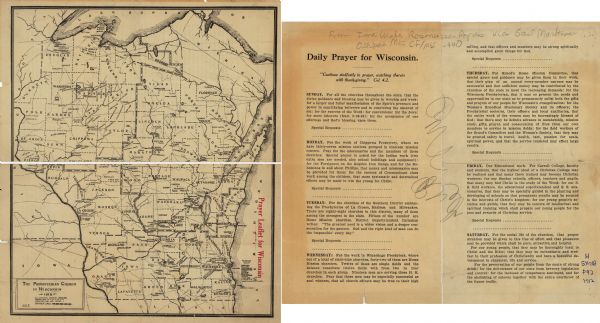 A map shows the Presbyterian churches, presbyteries, and districts in Wisconsin, as well as the counties, the locations cities and towns in the state. Individual churches are listed for cities that have more than one Presbyterian Church. On the reverse side of the map, provides the daily prayers for Wisconsin.