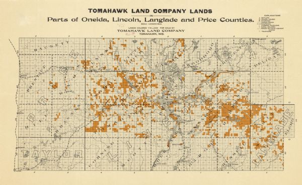 A map that shows the lands for sale by the Tomahawk Land Company of Tomahawk, Wisconsin, in the counties of Langlade, Lincoln, Oneida, and Price. The map shows the locations of settlers, schoolhouses, churches, wagon roads, railroads, farmer’s telephone, rural delivery, roads on the state highway system, and telephones in the area. The map also shows the location of towns, areas of waterpower, and the tannery. The approximate scale of the map is 1:126,720 (1/2 inch = 1 mile).