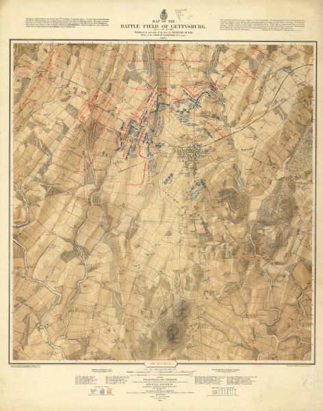 Detailed topographic map of the Gettysburg battlefield created thirteen years after the battle. This map shows day one of the battle. The map shows drainage, vegetation, roads, railroads, fences, houses with names of residents, and a detailed plan of the town of Gettysburg. The map reads: "Published by authority of the Hon. the Secretary of War, Office of the Chief of Engineers, U.S. Army, 1876."