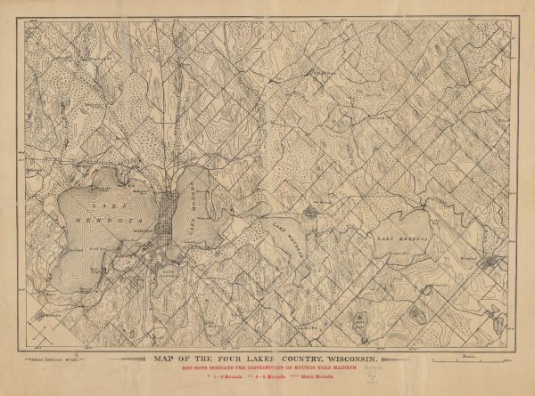 This map oriented with north to the upper left shows railroads, creeks, post offices, smaller lakes, Lake Mendota, Lake Monona, Lake Wingra, Lake Waubesa, Lake Kegonsa, and location of Indian mounds in red. Printed in red below the title reads: "Red dots indicate the distribution of mounds near Madison."