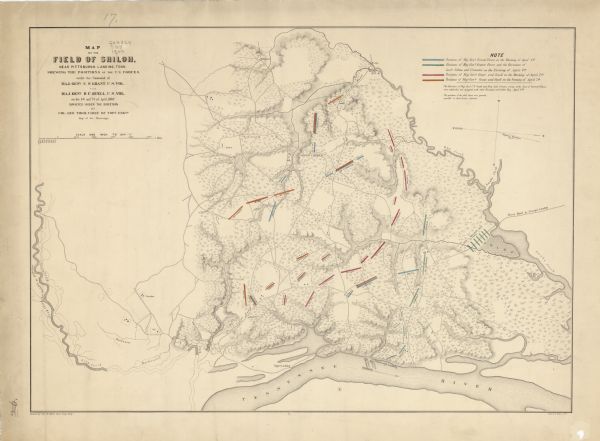 This map of the Battle of Shiloh shows relief by hachures, vegetation, drainage, houses, fields, fences, mills, and roads and is color coded to show the movement of Union troops. The 14th Wisconsin Infantry, 16th Wisconsin Infantry, and 18th Wisconsin Infantry regiments fought at Shiloh.