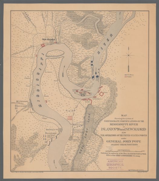This map of the Mississippi River between Island No. 8, northeast of New Madrid, Missouri, and Tiptonville, Tennessee, depicts the Confederate defenses at Island No. 10, New Madrid, and Tiptonville. Also depicted is the Union fleet approaching Island No. 10 and the positions of union troops in the area. Also shown are roads, vegetation, drainage, and the names of inhabitants. The 8th Wisconsin Infantry and 15th Wisconsin Infantry regiments and 5th Wisconsin Light Artillery, 6th Wisconsin Light Artillery, and 7th Wisconsin Light Artillery batteries were heavily involved in the Battle of Island No. 10, February-April 1862.