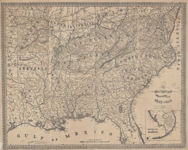 This map of the southeastern United States shows cities and towns, rail lines, and geographic features such as rivers, mountains, lakes, and swamps.