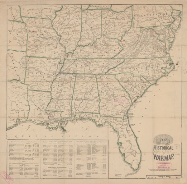 This map of the southeastern United States shows forts and battlefields, railroads, rivers, and cities and towns. Dates of admission and secession of the southern states and state population figures for all states, taken from the 1860 census, are given in a table in the lower left corner.
