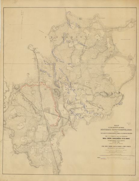 This map of the area between Monterey, Tennessee, and Corinth, Mississippi, shows Union lines of entrenchment in blue and Confederate lines around Corinth in red. Also depicted are houses, names of residents, fences, roads, railroads, vegetation, fields, drainage, and relief by hachures. Wisconsin troops taking part in the Siege of Corinth in May 1862 included the 8th Wisconsin Infantry, 14th Wisconsin Infantry, 16th Wisconsin Infantry, 17th Wisconsin Infantry, 18th Wisconsin Infantry, 5th Wisconsin Light Artillery, and 10th Wisconsin Light Artillery.