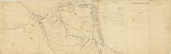 This pen and ink drawing of the First Battle of Bull Run, JuIy 21st, 1861, was made by Charles K. Dean, adjutant with the 2nd Wisconsin Infantry. The 2nd Wisconsin Infantry was the only Wisconsin regiment engaged at Bull Run. It made several unsuccessful assaults on the enemy position, losing 19 men with 114 wounded. Thirty-eight Wisconsin soldiers, including Dean, were taken prisoner and confined at Richmond. They were released early in 1862.