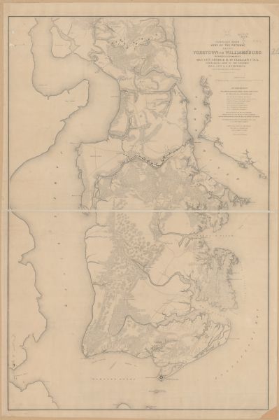 The first in a series of three maps of the Virginia Peninsula. This map details the area from Williamsburg south to Fortress Monroe at Hampton Roads and shows the Confederate defenses at Yorktown.