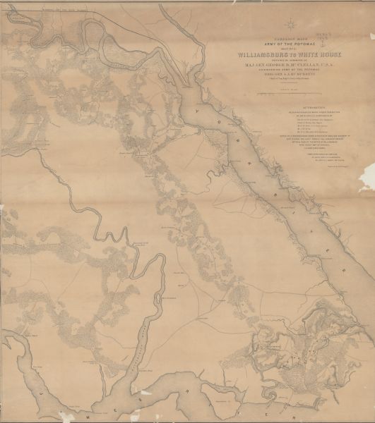 The second in a series of three maps of the Virginia Peninsula. This map details the area from Williamsburg north to West Point.