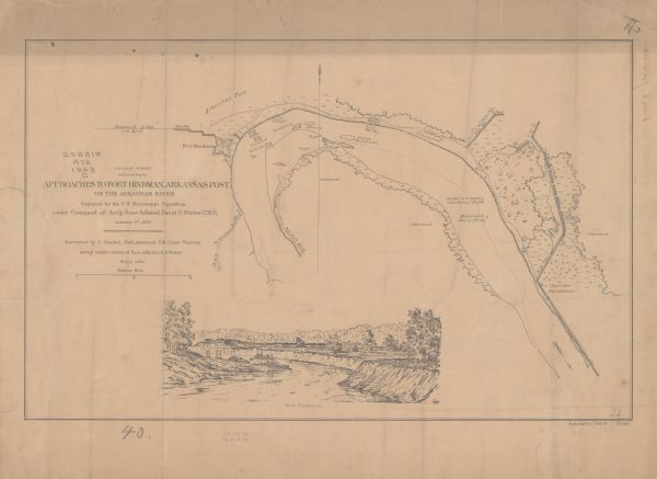This map illustrates the position of Fort Hindman at Arkansas Post on the Arkansas River. Depicted are the positions of Confederate defenses as well ships on the river. The 23rd Wisconsin Infantry and the 1st Wisconsin Light Artillery were both involved in the battle of Arkansas Post.