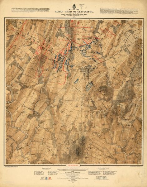 These detailed topographical maps of the Battle of Gettysburg show drainage, vegetation, roads, railroads, fences, houses with names of residents, and a detailed plan of the town of Gettysburg. The 2nd Wisconsin Infantry, 3rd Wisconsin Infantry, 5th Wisconsin Infantry, 6th Wisconsin Infantry, 7th Wisconsin Infantry, 26th Wisconsin Infantry and Co. G. of the U.S. 1st Sharpshooters were in the thick of the battle at various times during the course of the Battle of Gettysburg.