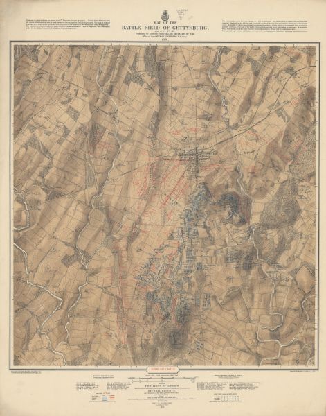 These detailed topographical maps of the Battle of Gettysburg show drainage, vegetation, roads, railroads, fences, houses with names of residents, and a detailed plan of the town of Gettysburg. The 2nd Wisconsin Infantry, 3rd Wisconsin Infantry, 5th Wisconsin Infantry, 6th Wisconsin Infantry, 7th Wisconsin Infantry, 26th Wisconsin Infantry and Co. G. of the U.S. 1st Sharpshooters were in the thick of the battle at various times during the course of the Battle of Gettysburg.