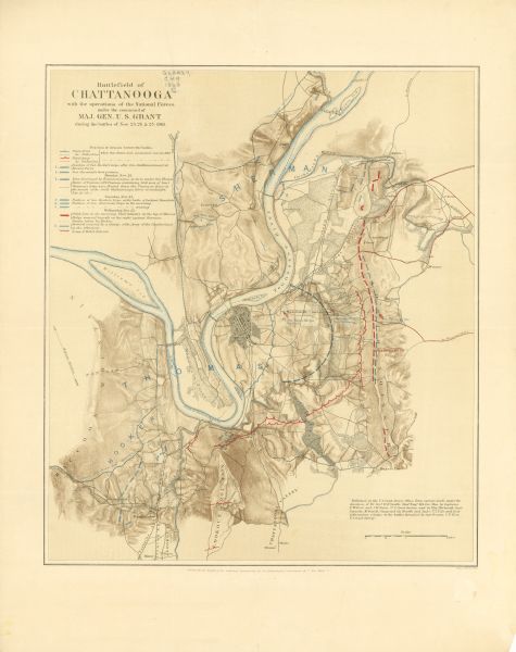 This colored map of the Battle of Chattanooga depicts the positions of the Union and Confederate troops before the battle and on each day of the battle. Also shown are Union and Confederate headquarters, roads, railroads, drainage, vegetation, relief by shading, and the names of a few residents in the outlying areas. Fourteen Wisconsin units were active in and around Chattanooga: the 1st Wisconsin Infantry, 10th Wisconsin Infantry, 15th Wisconsin Infantry, 18th Wisconsin Infantry, 21st Wisconsin Infantry, 24th Wisconsin Infantry, and 26th Wisconsin Infantry regiments; the 3rd Wisconsin Light Artillery, 5th Wisconsin Light Artillery, 6th Wisconsin Light Artillery, 8th Wisconsin Light Artillery, 10th Wisconsin Light Artillery, and 12th Wisconsin Light Artillery batteries, and the 1st Wisconsin Heavy Artillery.