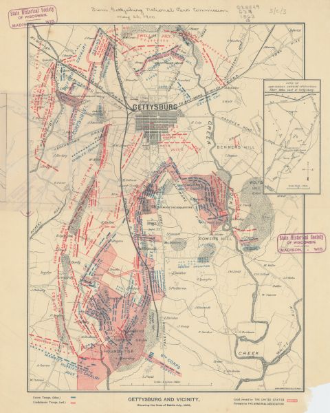This map shows drainage, vegetation, roads, railroads, fences, dwellings with names of inhabitants, and land owned by the United States. Union and Confederate positions are shown, with names of corps and divisions, sometimes including names of commanding officers, and location of artillery. Inset: Site of Gen. Gregg's cavalry operations three miles east of Gettysburg. The 2nd Wisconsin Infantry, 3rd Wisconsin Infantry, 5th Wisconsin Infantry, 6th Wisconsin Infantry, 7th Wisconsin Infantry, 26th Wisconsin Infantry and Co. G. of the U.S. 1st Sharpshooters were in the thick of the battle at various times during the course of the Battle of Gettysburg.