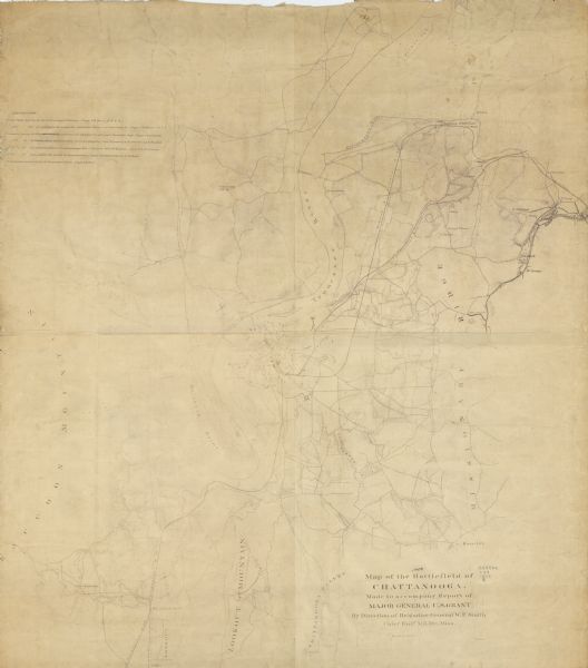 This map of the Battle of Chattanooga depicts roads, railroads, drainage, vegetation, relief, and the names of residents in the outlying areas. Fourteen Wisconsin units were active in and around Chattanooga: the 1st Wisconsin Infantry, 10th Wisconsin Infantry, 15th Wisconsin Infantry, 18th Wisconsin Infantry, 21st Wisconsin Infantry, 24th Wisconsin Infantry, and 26th Wisconsin Infantry regiments; the 3rd Wisconsin Light Artillery, 5th Wisconsin Light Artillery, 6th Wisconsin Light Artillery, 8th Wisconsin Light Artillery, 10th Wisconsin Light Artillery, and 12th Wisconsin Light Artillery batteries, and the 1st Wisconsin Heavy Artillery.