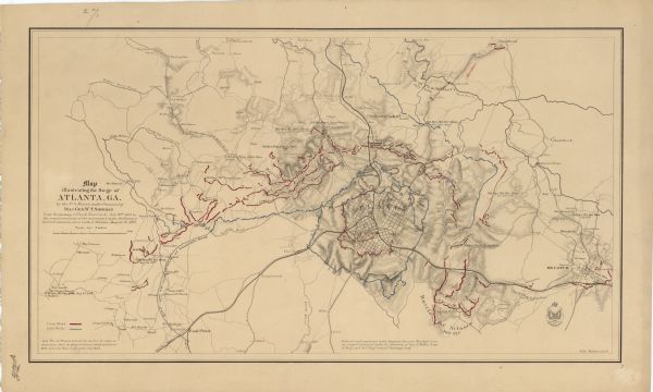 This map of the Atlanta area shows entrenchments, relief by hachures, vegetation, drainage, roads, railroads, towns, and the names of a few residents in the environs of Atlanta. Wisconsin units that participated in the battles noted on this map include the 5th Wisconsin Light Artillery, 1st Wisconsin Infantry, 3rd Wisconsin Infantry, 10th Wisconsin Infantry, 12th Wisconsin Infantry, 15th Wisconsin Infantry, 16th Wisconsin Infantry, 17th Wisconsin Infantry, 21st Wisconsin Infantry, 22nd Wisconsin Infantry, 24th Wisconsin Infantry, 25th Wisconsin Infantry, 26th Wisconsin Infantry, and 31st Wisconsin Infantry.
